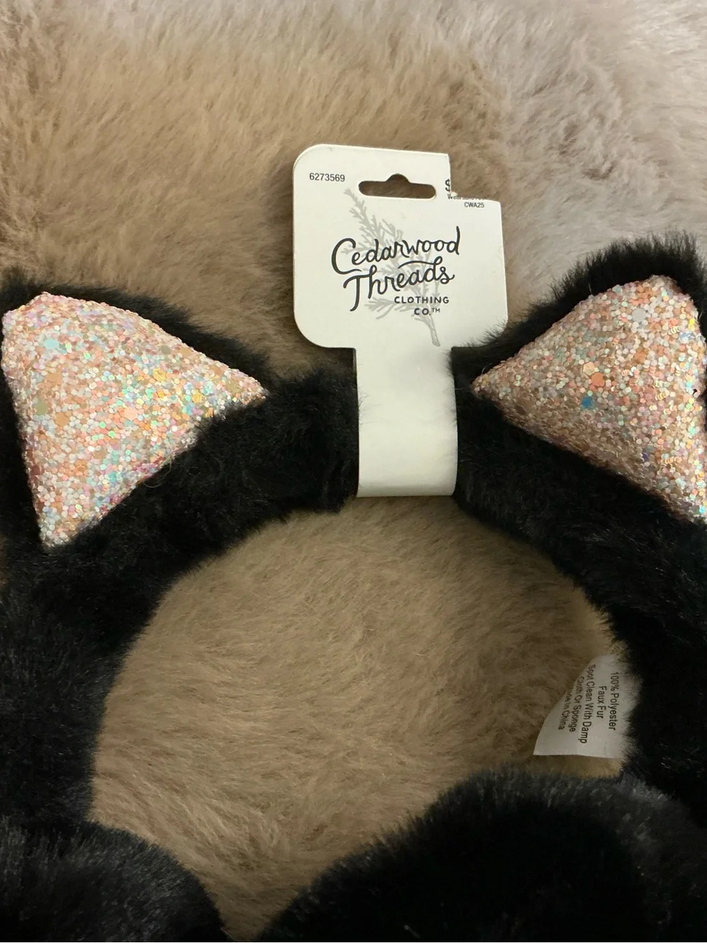 Cedarwood Threads Girls Black Faux Fur Cat Ear Earmuffs Pink Glitter NWT One Siz